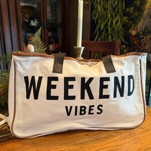 Weekend Vibes Canvas Tote Bag - White, Tan and Black